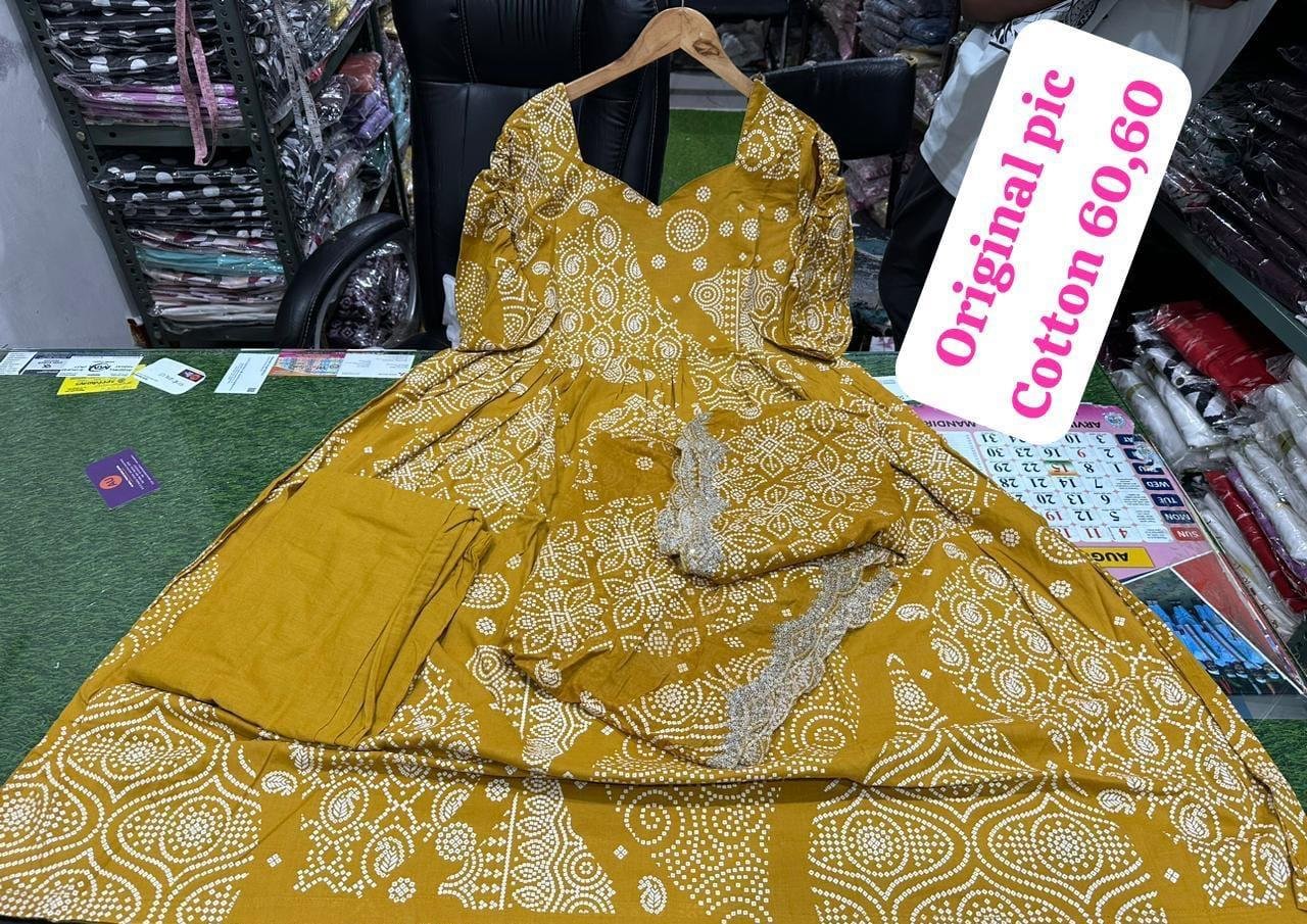 Cotton Bandhani Anarkali Kurti Pant Set with Dupatta